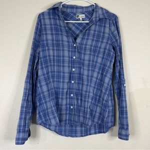 Kut From the Kloth Light Blue Long Sleeve Plaid Blouse Size Large Buttons Cotton